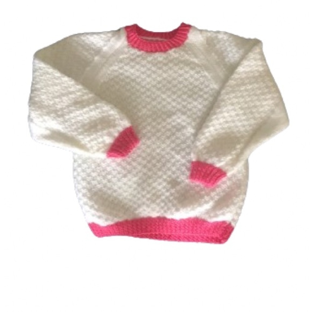 SIZE 7, HAND KNIT SOFT White Sweater with Pink trim.